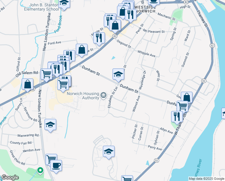 map of restaurants, bars, coffee shops, grocery stores, and more near 245 Elizabeth St Extension in Norwich