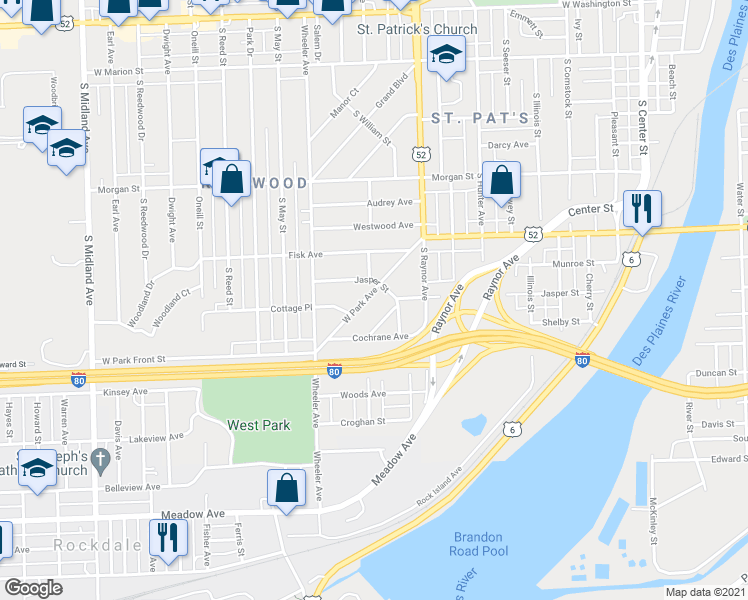map of restaurants, bars, coffee shops, grocery stores, and more near 906 West Park Avenue in Joliet