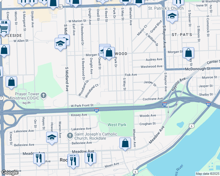 map of restaurants, bars, coffee shops, grocery stores, and more near 424 South Reed Street in Joliet