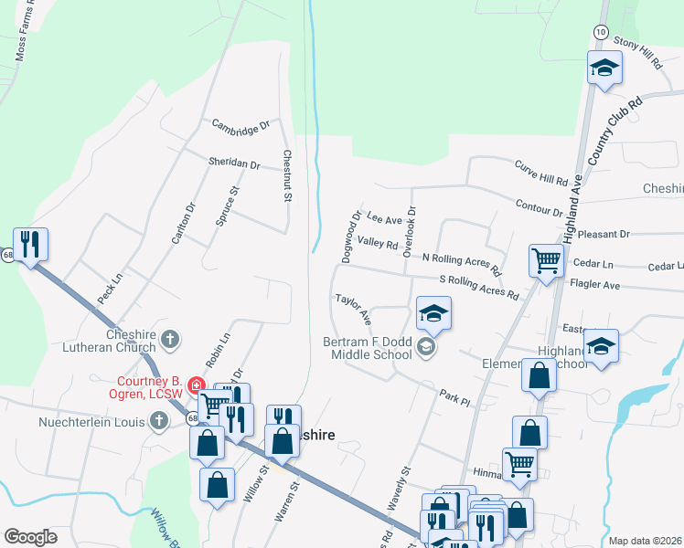 map of restaurants, bars, coffee shops, grocery stores, and more near 415 South Rolling Acres Road in Cheshire