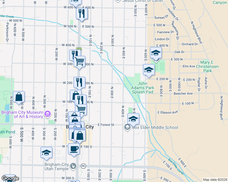 map of restaurants, bars, coffee shops, grocery stores, and more near 152 North 300 East in Brigham City