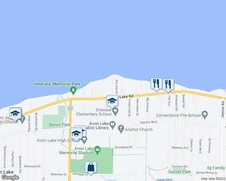 map of restaurants, bars, coffee shops, grocery stores, and more near 85 Maplecliff Drive in Avon Lake