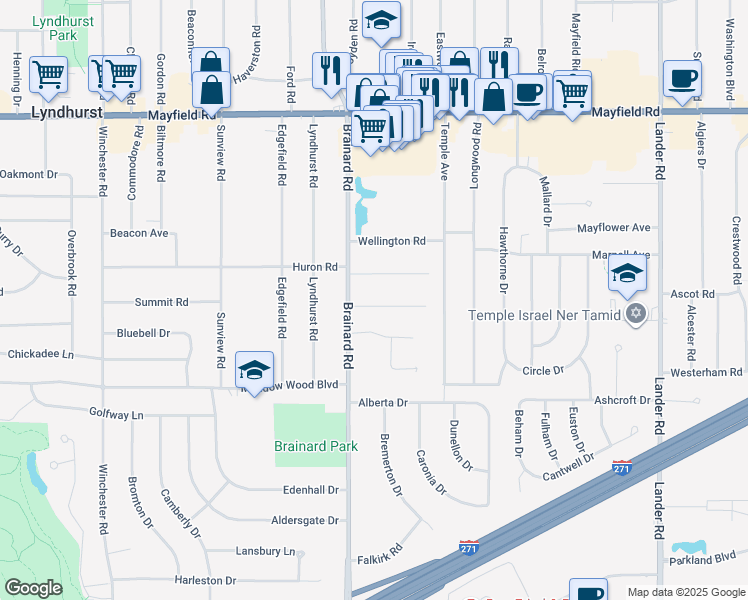 map of restaurants, bars, coffee shops, grocery stores, and more near 5659 Shawnee Road in Lyndhurst