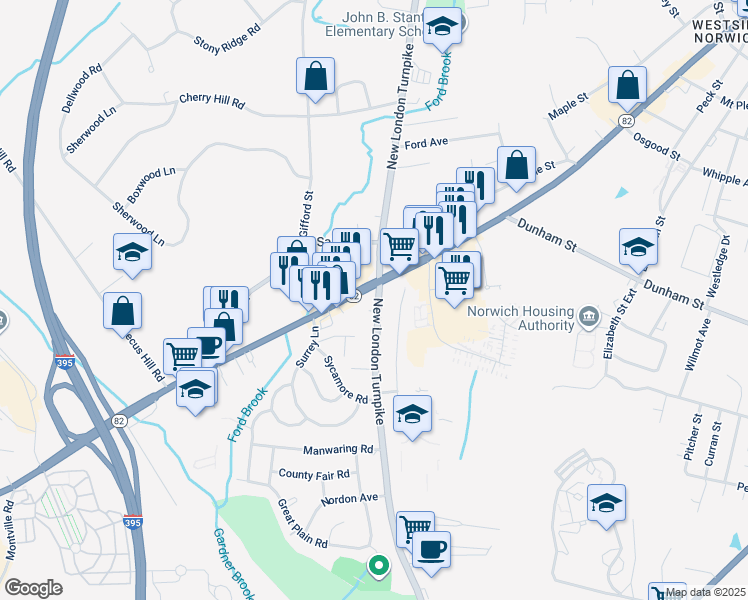map of restaurants, bars, coffee shops, grocery stores, and more near 509 New London Turnpike in Norwich