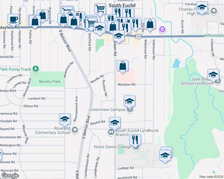 map of restaurants, bars, coffee shops, grocery stores, and more near 1683 Rushton Road in South Euclid
