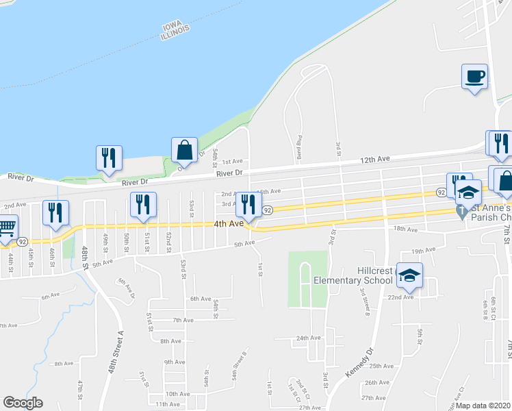 map of restaurants, bars, coffee shops, grocery stores, and more near 109 16th Avenue in East Moline