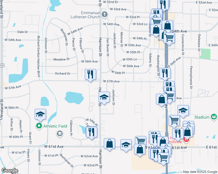 map of restaurants, bars, coffee shops, grocery stores, and more near 5732 Van Buren Street in Merrillville