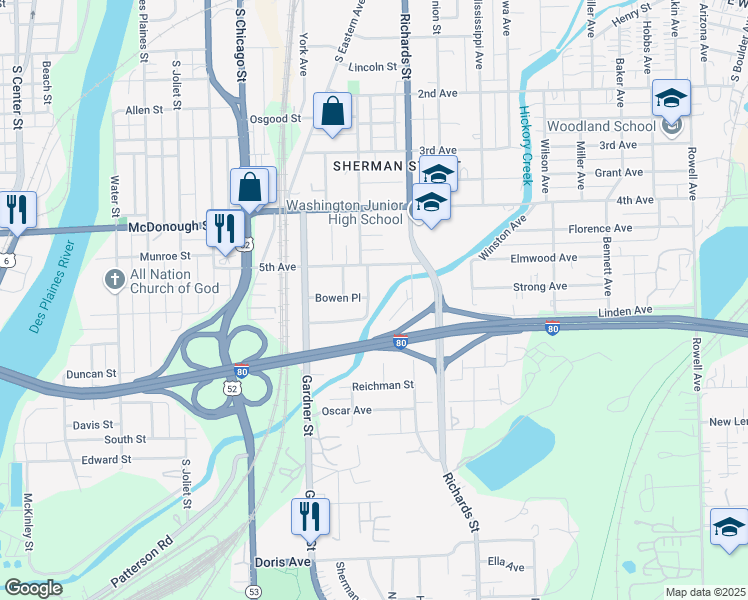 map of restaurants, bars, coffee shops, grocery stores, and more near 514 Sherman Street in Joliet