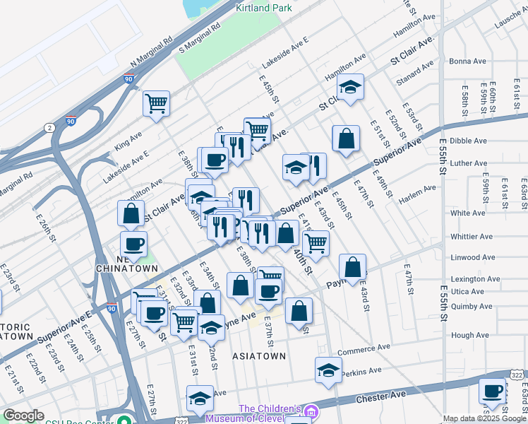 map of restaurants, bars, coffee shops, grocery stores, and more near 3991 Superior Avenue in Cleveland