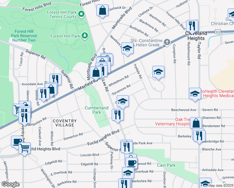 map of restaurants, bars, coffee shops, grocery stores, and more near 3146 Sycamore Road in Cleveland Heights