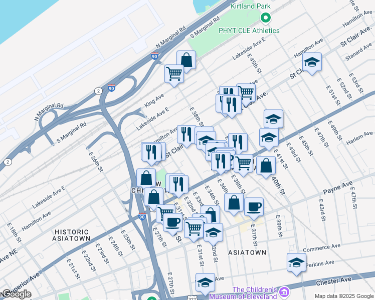 map of restaurants, bars, coffee shops, grocery stores, and more near 3400 Saint Clair Avenue Northeast in Cleveland