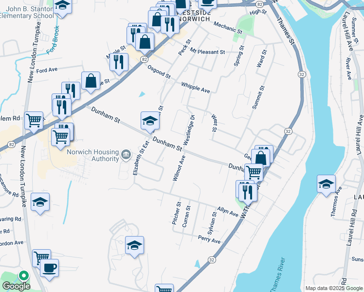 map of restaurants, bars, coffee shops, grocery stores, and more near 145 Dunham Street in Norwich