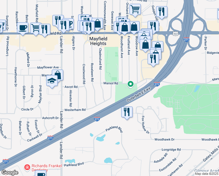 map of restaurants, bars, coffee shops, grocery stores, and more near 1708 Sunningdale Road in Mayfield Heights