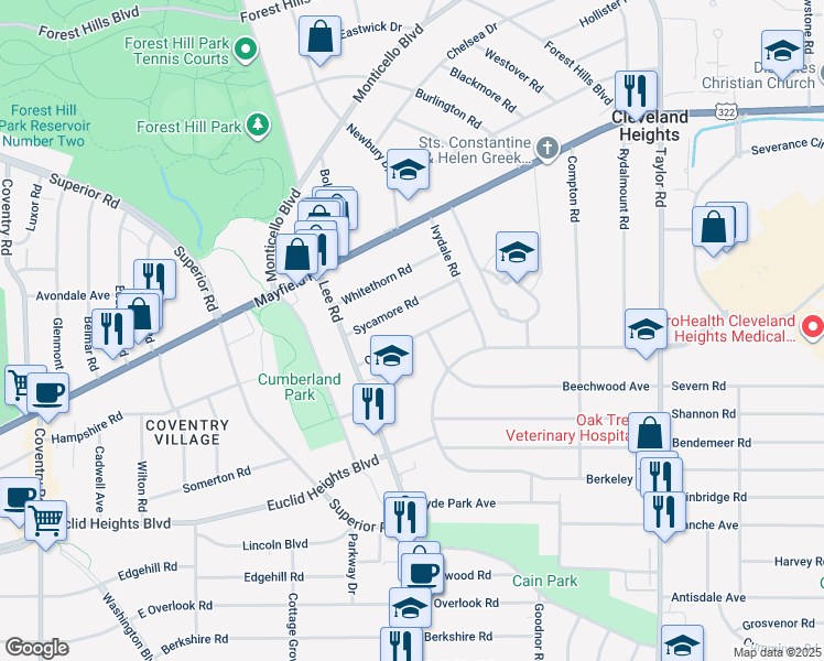 map of restaurants, bars, coffee shops, grocery stores, and more near 3197 Oak Road in Cleveland Heights