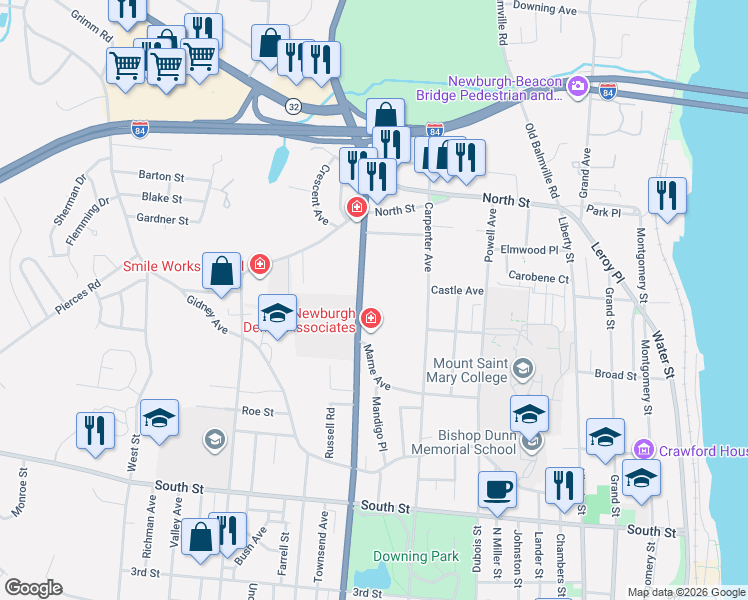 map of restaurants, bars, coffee shops, grocery stores, and more near 352 Robinson Avenue in Newburgh