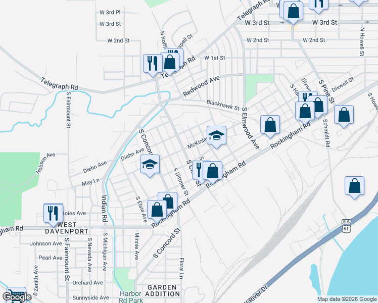 map of restaurants, bars, coffee shops, grocery stores, and more near 2806 Jackson Avenue in Davenport