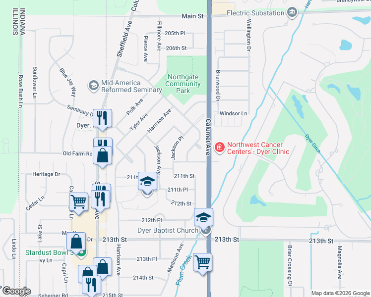 map of restaurants, bars, coffee shops, grocery stores, and more near 942 Northgate Drive in Dyer
