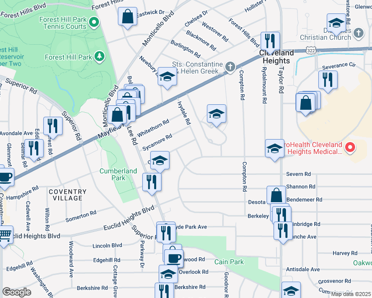 map of restaurants, bars, coffee shops, grocery stores, and more near 3228 Oak Rd in Cleveland Heights