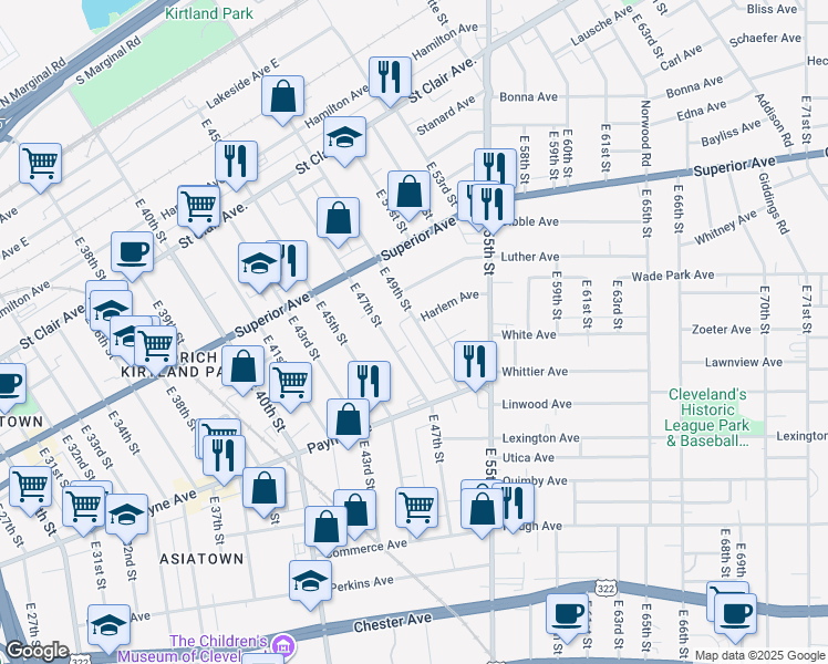 map of restaurants, bars, coffee shops, grocery stores, and more near 1573 East 47th Street in Cleveland