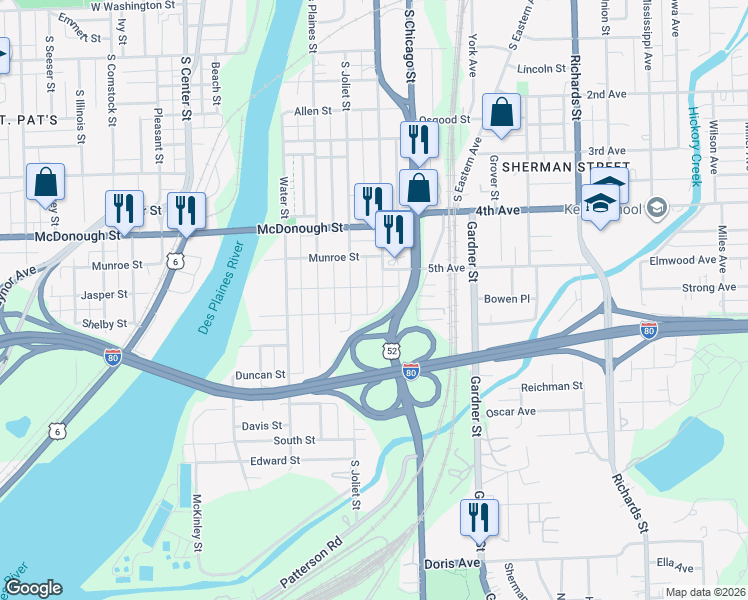 map of restaurants, bars, coffee shops, grocery stores, and more near 507 South Ottawa Street in Joliet
