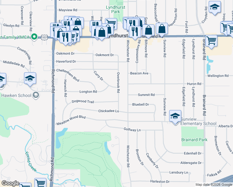 map of restaurants, bars, coffee shops, grocery stores, and more near 1688 Overbrook Road in Lyndhurst