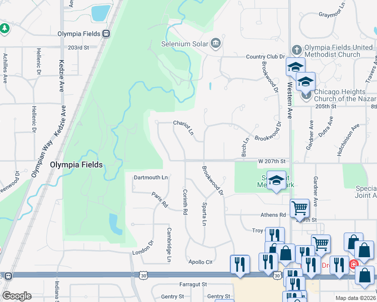 map of restaurants, bars, coffee shops, grocery stores, and more near 20655 Corinth Road in Olympia Fields