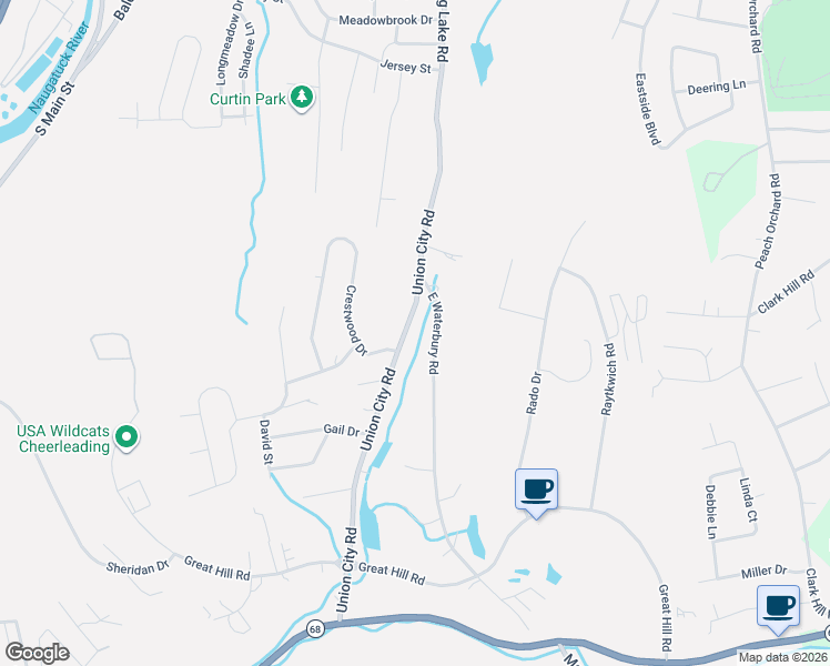 map of restaurants, bars, coffee shops, grocery stores, and more near 227 Union City Road in Naugatuck