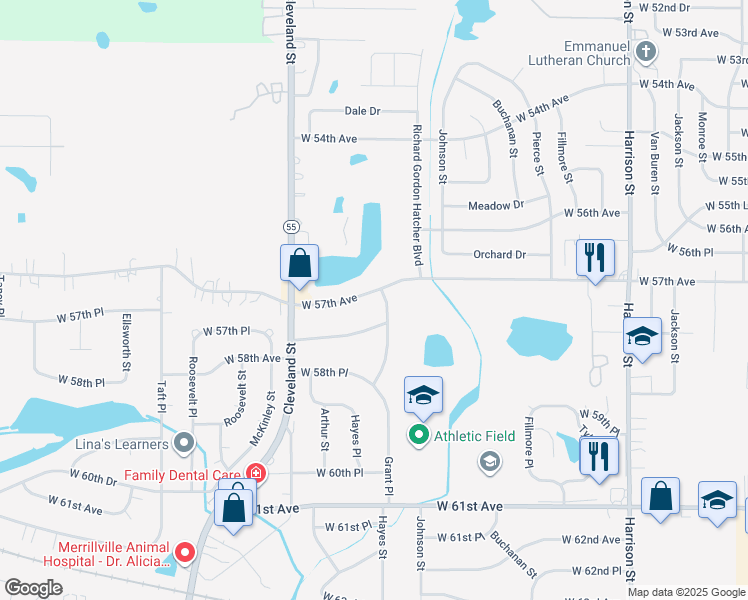 map of restaurants, bars, coffee shops, grocery stores, and more near 1711 West 57th Avenue in Merrillville