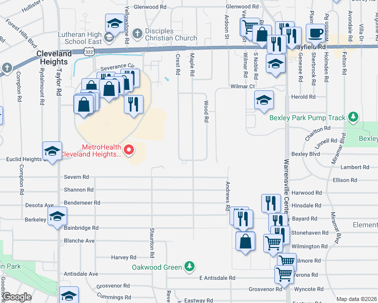 map of restaurants, bars, coffee shops, grocery stores, and more near 1680 Maple Road in Cleveland Heights