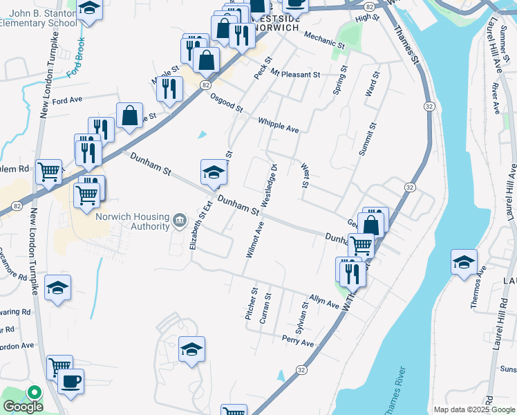 map of restaurants, bars, coffee shops, grocery stores, and more near 145 Dunham Street in Norwich