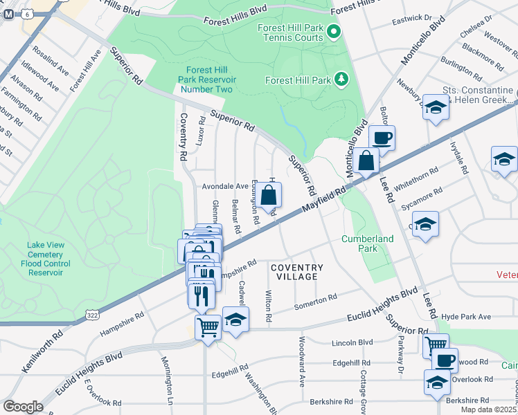map of restaurants, bars, coffee shops, grocery stores, and more near 1666 Hillcrest Road in Cleveland Heights