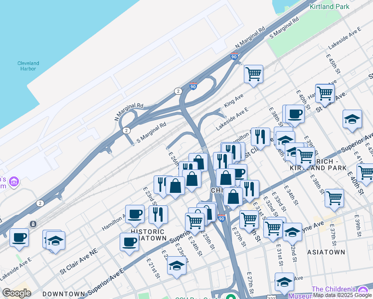 map of restaurants, bars, coffee shops, grocery stores, and more near in Cleveland