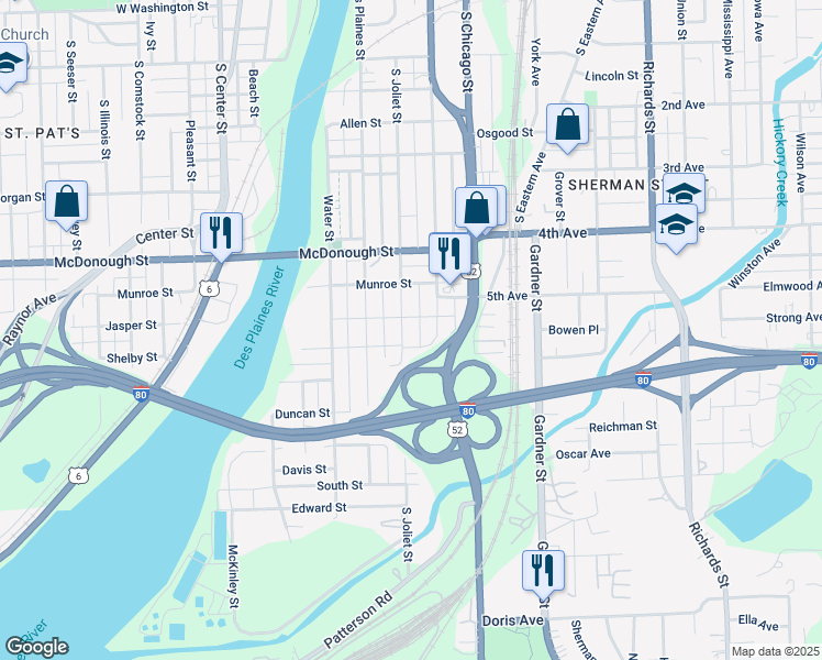 map of restaurants, bars, coffee shops, grocery stores, and more near 507 South Ottawa Street in Joliet
