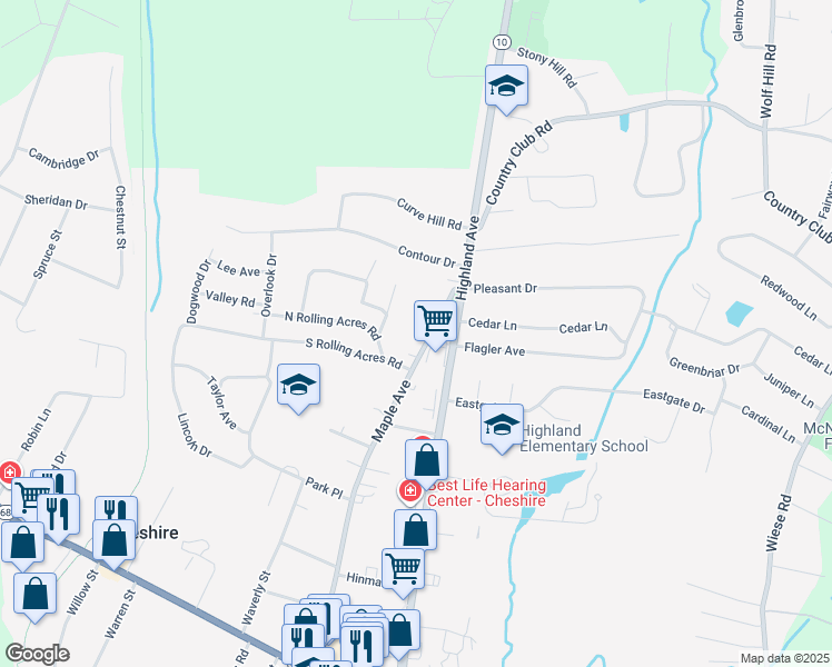map of restaurants, bars, coffee shops, grocery stores, and more near 609 Maple Avenue in Cheshire