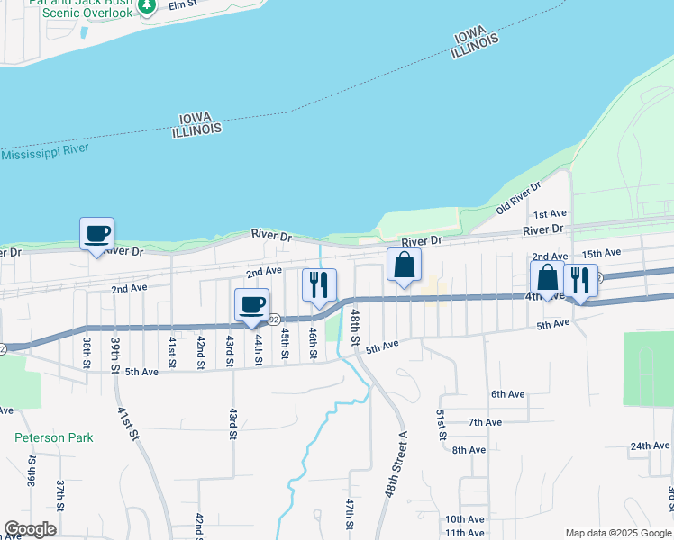 map of restaurants, bars, coffee shops, grocery stores, and more near 201 48th Street in Moline