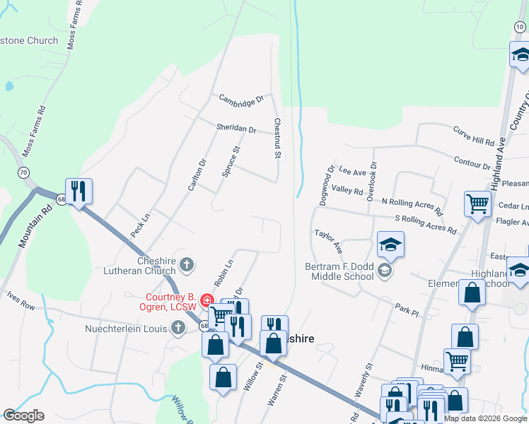 map of restaurants, bars, coffee shops, grocery stores, and more near 422 Robin Court in Cheshire