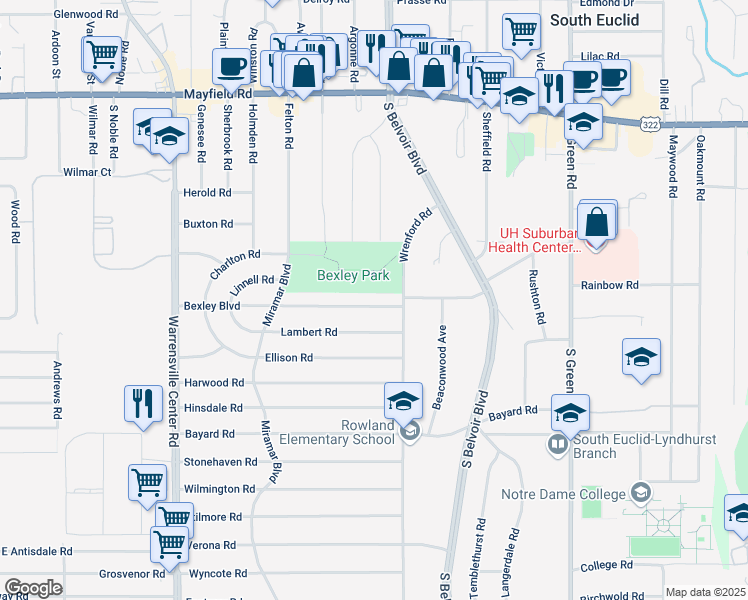map of restaurants, bars, coffee shops, grocery stores, and more near 4221 Bexley Boulevard in South Euclid