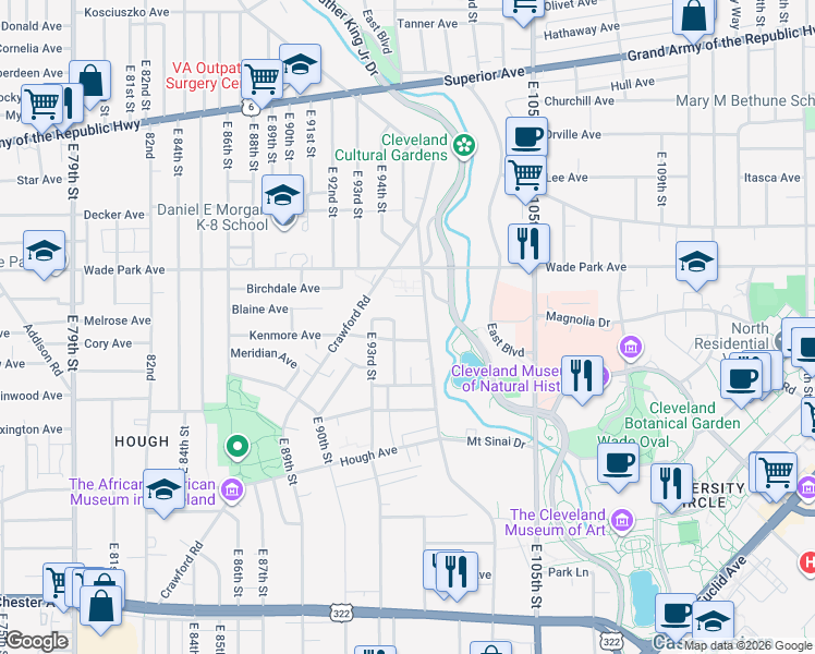 map of restaurants, bars, coffee shops, grocery stores, and more near 1560 Ansel Road in Cleveland