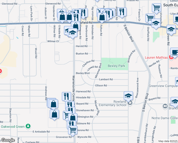 map of restaurants, bars, coffee shops, grocery stores, and more near 4088 Linnell Road in South Euclid