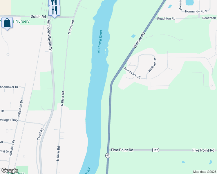 map of restaurants, bars, coffee shops, grocery stores, and more near 25001 West River Road in Perrysburg