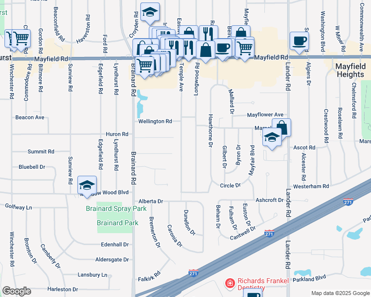 map of restaurants, bars, coffee shops, grocery stores, and more near 1697 Temple Avenue in Mayfield Heights
