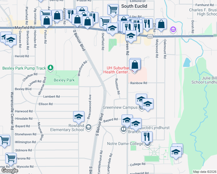map of restaurants, bars, coffee shops, grocery stores, and more near 1695 Donwell Drive in South Euclid