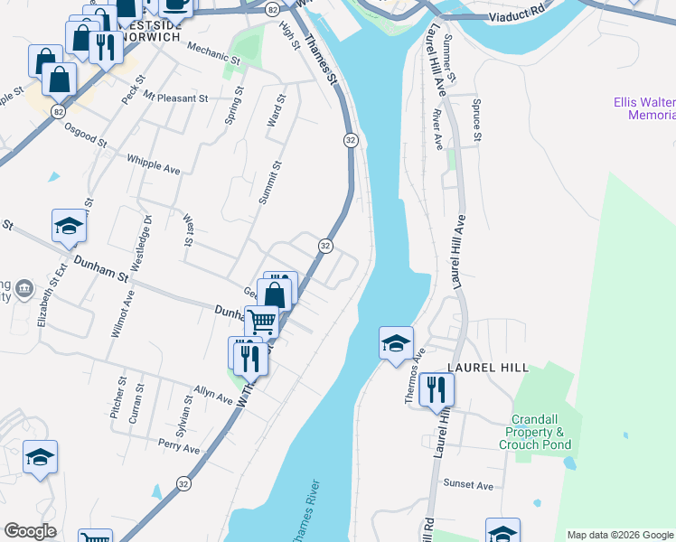 map of restaurants, bars, coffee shops, grocery stores, and more near 29 Kinney Avenue in Norwich