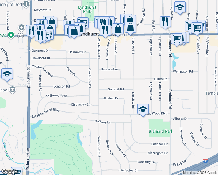 map of restaurants, bars, coffee shops, grocery stores, and more near 5379 Summit Road in Lyndhurst