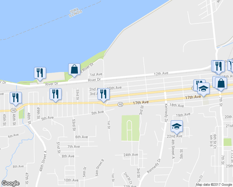 map of restaurants, bars, coffee shops, grocery stores, and more near 145 16th Avenue in East Moline