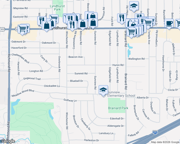 map of restaurants, bars, coffee shops, grocery stores, and more near 5451 Summit Road in Lyndhurst
