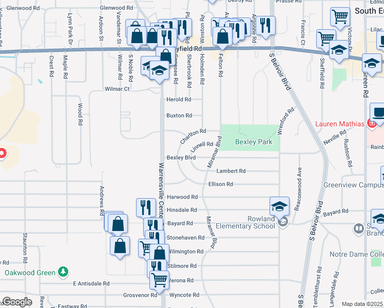 map of restaurants, bars, coffee shops, grocery stores, and more near 4088 Linnell Road in South Euclid