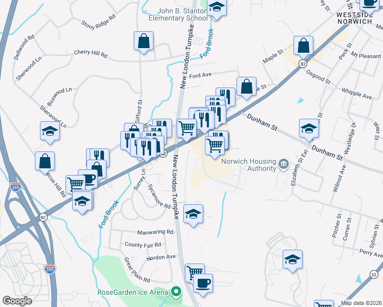 map of restaurants, bars, coffee shops, grocery stores, and more near 10 Jones Court in Norwich