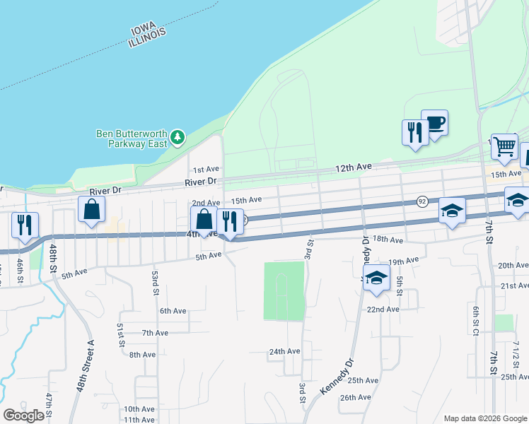 map of restaurants, bars, coffee shops, grocery stores, and more near 145 16th Avenue in East Moline