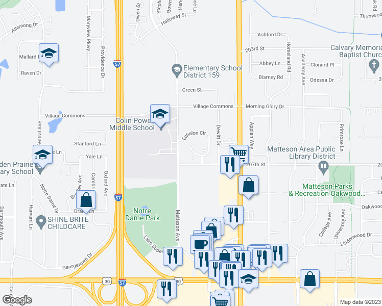 map of restaurants, bars, coffee shops, grocery stores, and more near 1401 Echelon Circle in Matteson